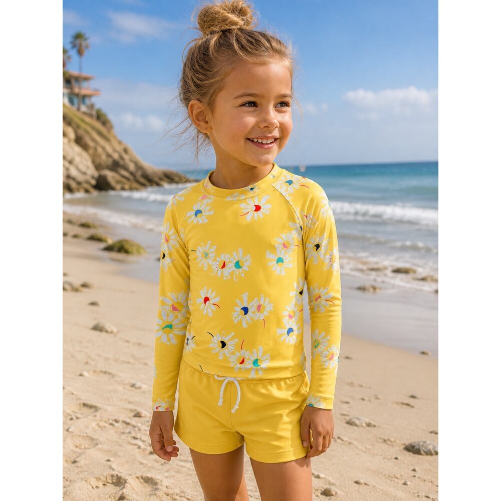 Hanna Andersson Yellow Daisy Rash Guard Swim Top Girls 5 Sunblock UPF Beach
